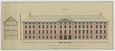 214960 Opstand van de voorgevel en doorsnede van de Willemskazerne (Wittevrouwenkade) te Utrecht.